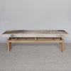 Hide bench seat in cream and gray tones by Corcovado Design