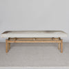 Hide bench seat in cream and gray tones by Corcovado Design