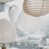 cluster of hanging linen pendant light shades from corcovado